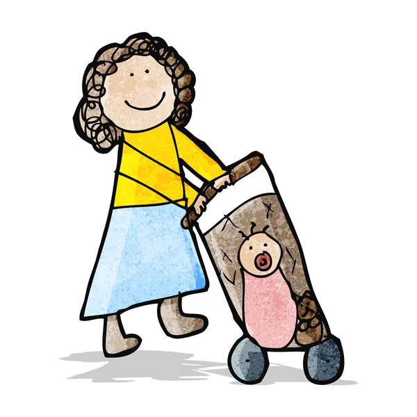 Child's drawing of a mom pushing pram — Stock Vector