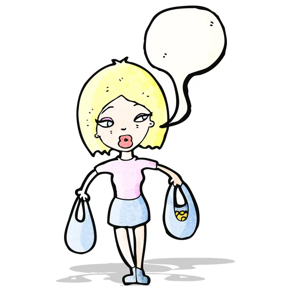 Mujer de dibujos animados con bolsas de compras y burbuja del habla — Vector de stock