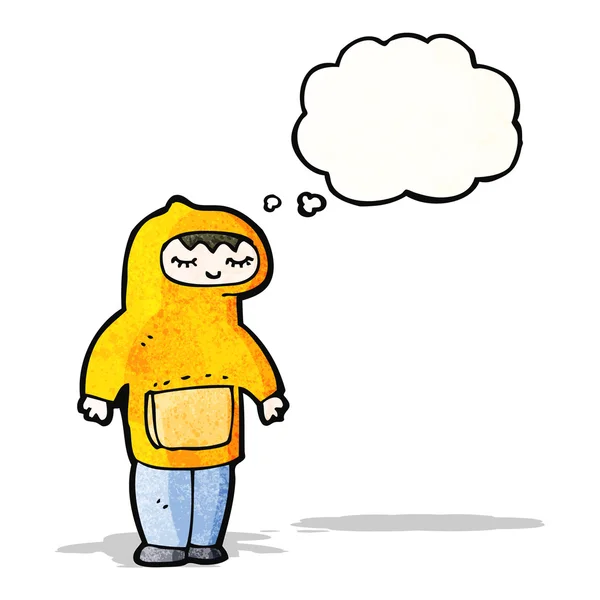 Cartoon boy in hooded sweatshirt with thought bubble — Stock Vector