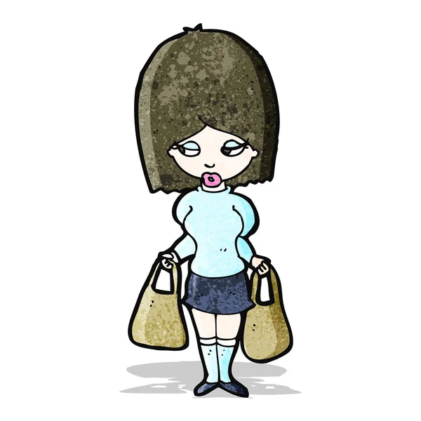 Mulher dos desenhos animados carregando sacos de compras — Vetor de Stock