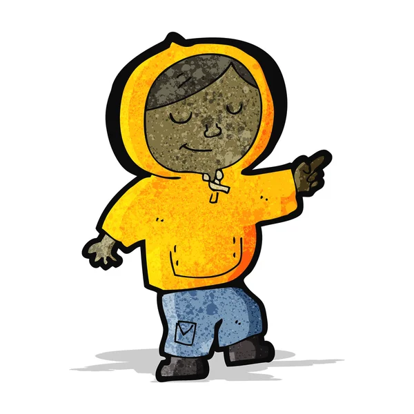 Cartoon boy in hooded top pointing — Stock Vector