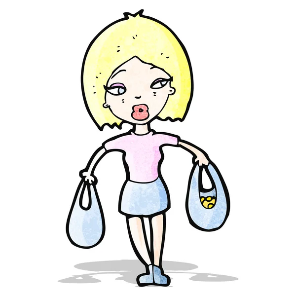 買い物袋を持つ漫画の女性 — ストックベクタ