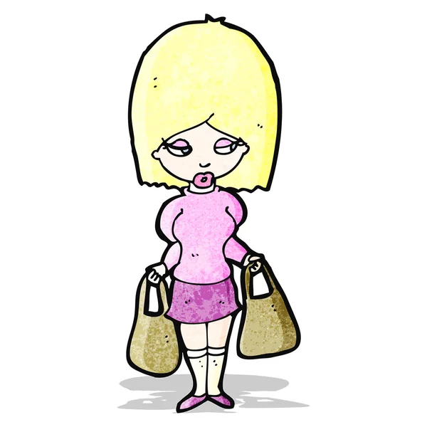 Cartoon blond woman with shopping bags — Stock Vector