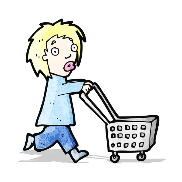 Cartoon kvinna trycka shopping vagn — Stock vektor