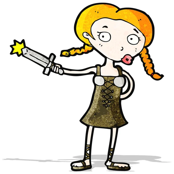 Cartoon viking meisje met zwaard — Stockvector