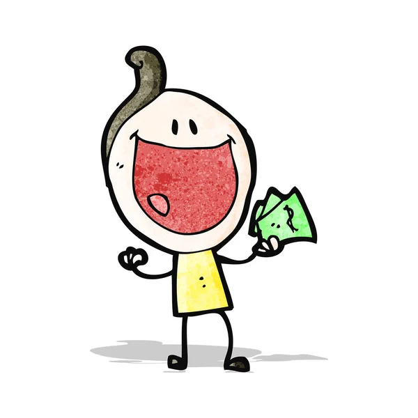 Cartoon happy doodle man holding cash — Stock Vector