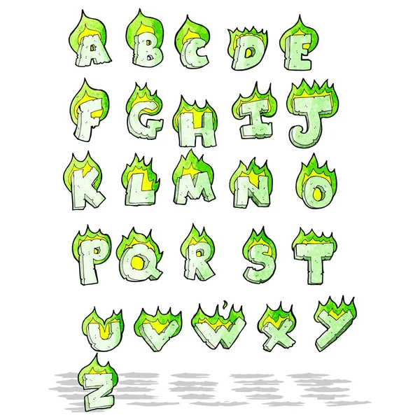 Dibujos animados letras verdes llameantes alfabeto — Vector de stock