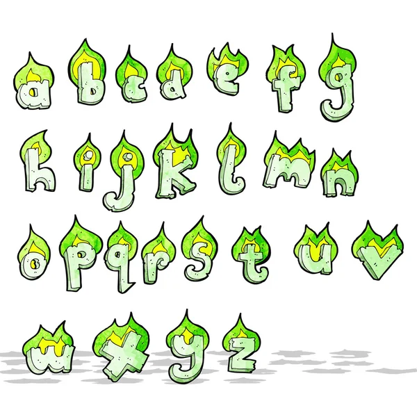 Cartoon flammende grüne Buchstaben Alphabet — Stockvektor