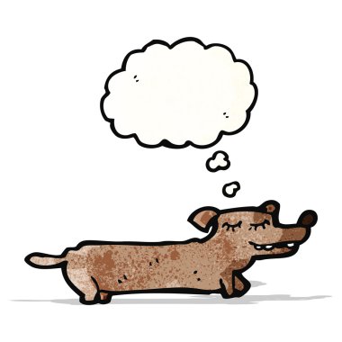 Düşünce kabarcığı olan küçük bir köpek.