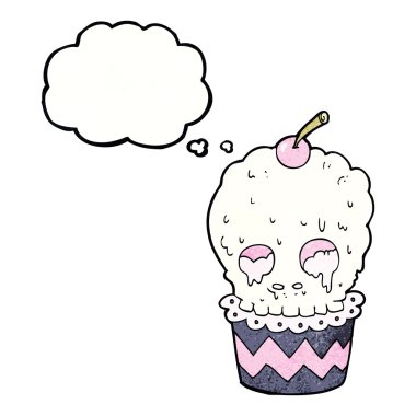 Düşünce baloncuklu ürkütücü kafatası kek çizgi filmi