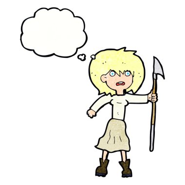 Düşünce balonlu zıpkın taşıyan çizgi film kadını.