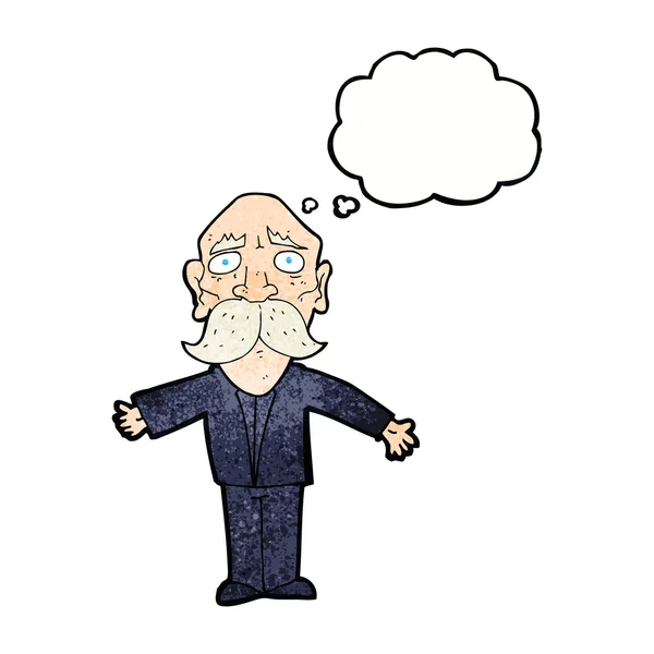Cartoon teleurgesteld oude man met gedachte zeepbel — Stockvector