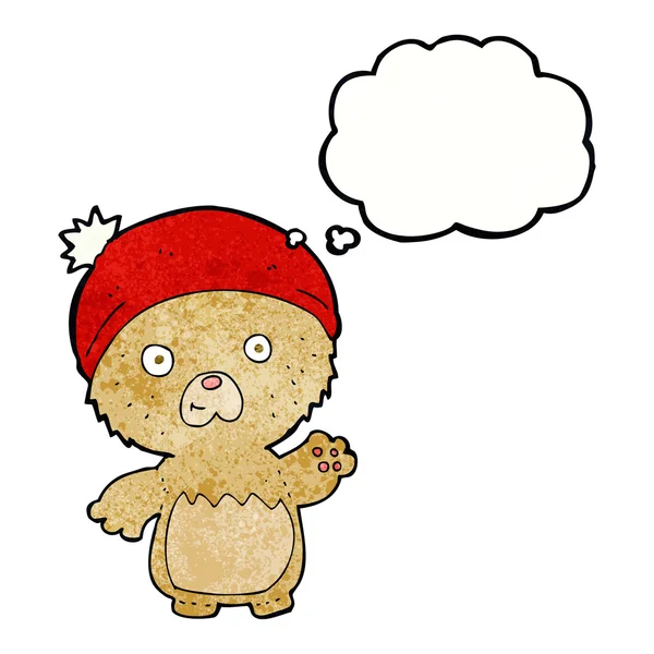 Desenho animado bonito ursinho de pelúcia em chapéu com bolha pensamento — Vetor de Stock