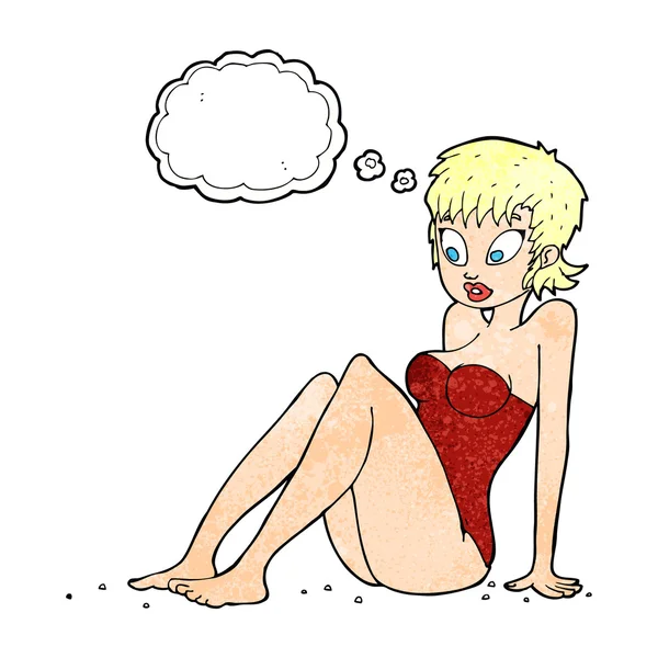 Cartoon vrouw in badpak met gedachte zeepbel — Stockvector