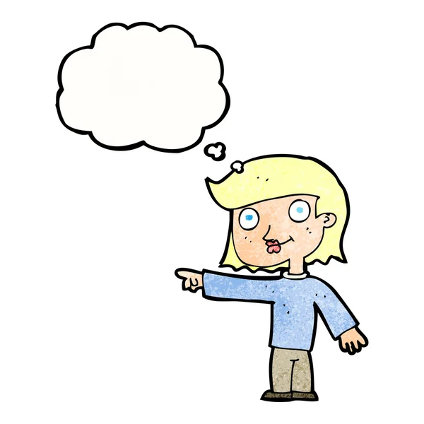 Dessin animé pointant personne avec bulle de pensée — Image vectorielle