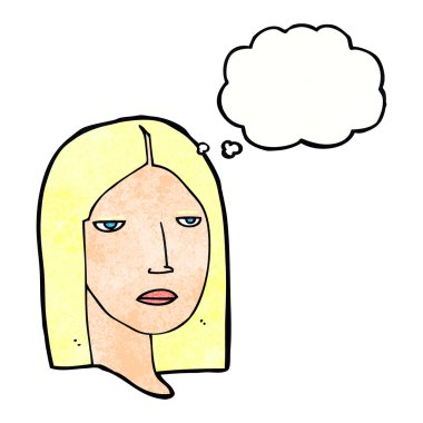 Düşünce baloncuğu olan ciddi bir kadın çizgi filmi