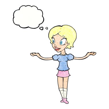 Düşünce baloncuğuyla kollarını açmış çizgi film kadını.