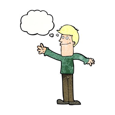 çizgi film mutlu adam düşünce baloncuğuyla el sallıyor