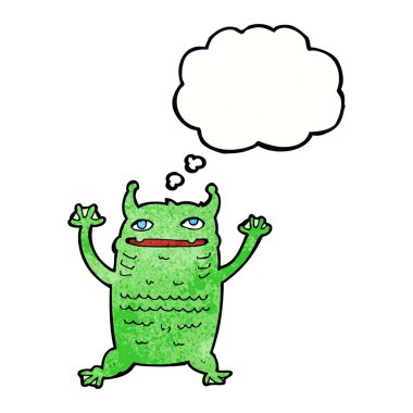 Düşünce baloncuklu küçük canavar.