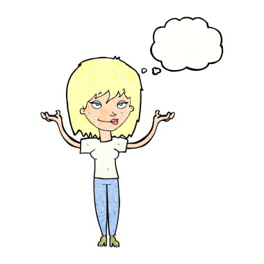 Çizgi filmdeki kadın düşünce balonuyla omuz silkiyor.