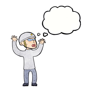 Karikatür güvenliği düşünce baloncuğuyla panikliyor.