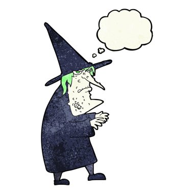 Düşünce baloncuğu olan çirkin yaşlı cadı çizgi filmi