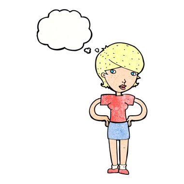 Kalçasında elleri olan çizgi film kadını.