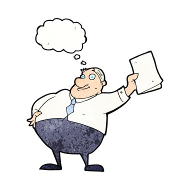 Çizgi film patronu kağıtları sallıyor.