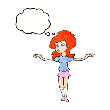 Düşünce baloncuğuyla başını eğen güzel kız.