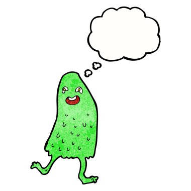 Düşünce baloncuklu komik balçık canavarı.