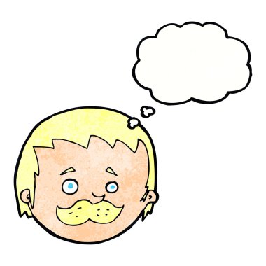 Düşünce baloncuklu bıyıklı çizgi film adamı.