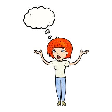 Çizgi filmdeki kadın düşünce balonuyla omuz silkiyor.