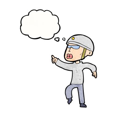 Bisiklet kasklı çizgi film adamı düşünce balonunu işaret ediyor.