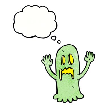 Düşünce baloncuklu hayaletli karikatür.