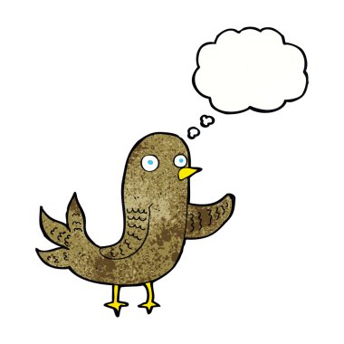 Düşünce baloncuğu sallayan çizgi film kuşu