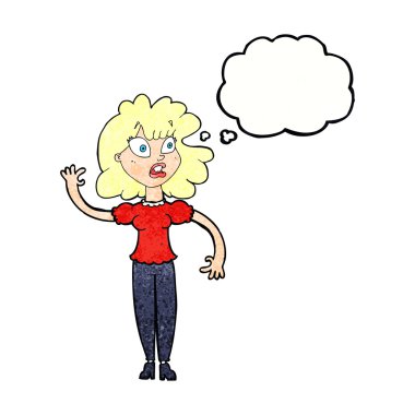 Düşünce baloncuğuyla başını eğen güzel kız.