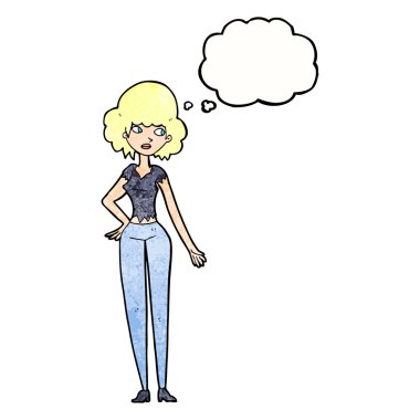 Düşünce baloncuğu olan güzel bir kadın.