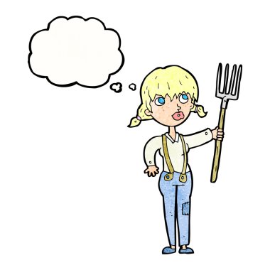 Düşünce baloncuklu çiftçi kız.