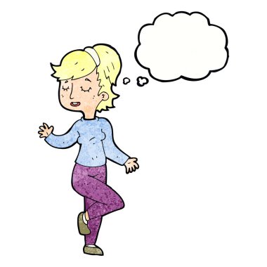 Düşünce baloncuğu olan dans eden kadın.