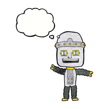 Düşünce baloncuğu sallayan robot.