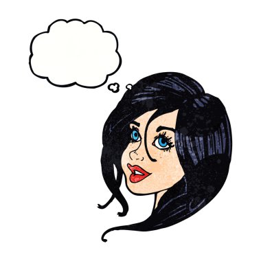 Düşünce baloncuğuyla başını eğen güzel kız.