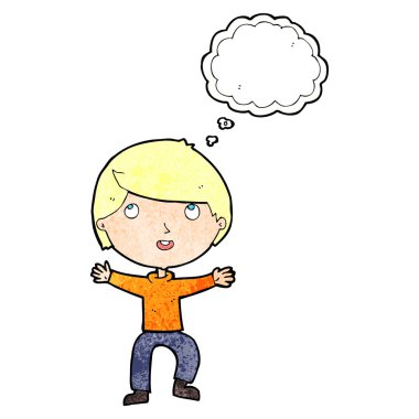 Düşünce baloncuğu olan mutlu çocuk.