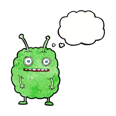 Düşünce baloncuklu komik uzaylı canavar.