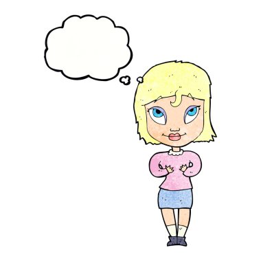 Düşünce baloncuğuyla kendine hareket eden çizgi filmci kadın.