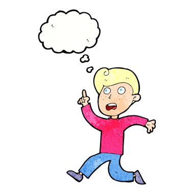 Çizgi filmci çocuk düşünce baloncuğuyla panikliyor.