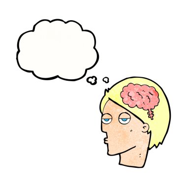 Düşünce baloncuklu beyin sembollü çizgi film başı