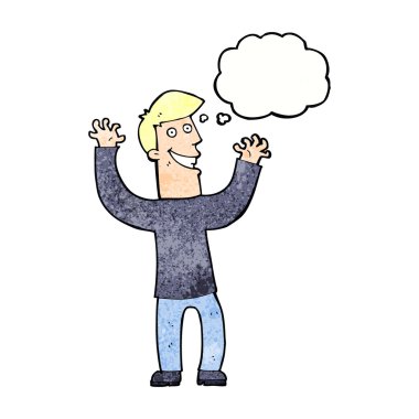 Düşünce baloncuğu olan heyecanlı bir adam.
