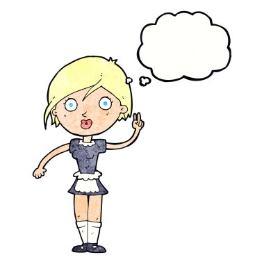 Çizgi film garsonu düşünce balonuyla el hareketi yapıyor.