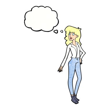 Düşünce baloncuğu olan güzel bir kadın.