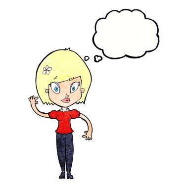 Düşünce baloncuğuyla el sallayan güzel kadın.